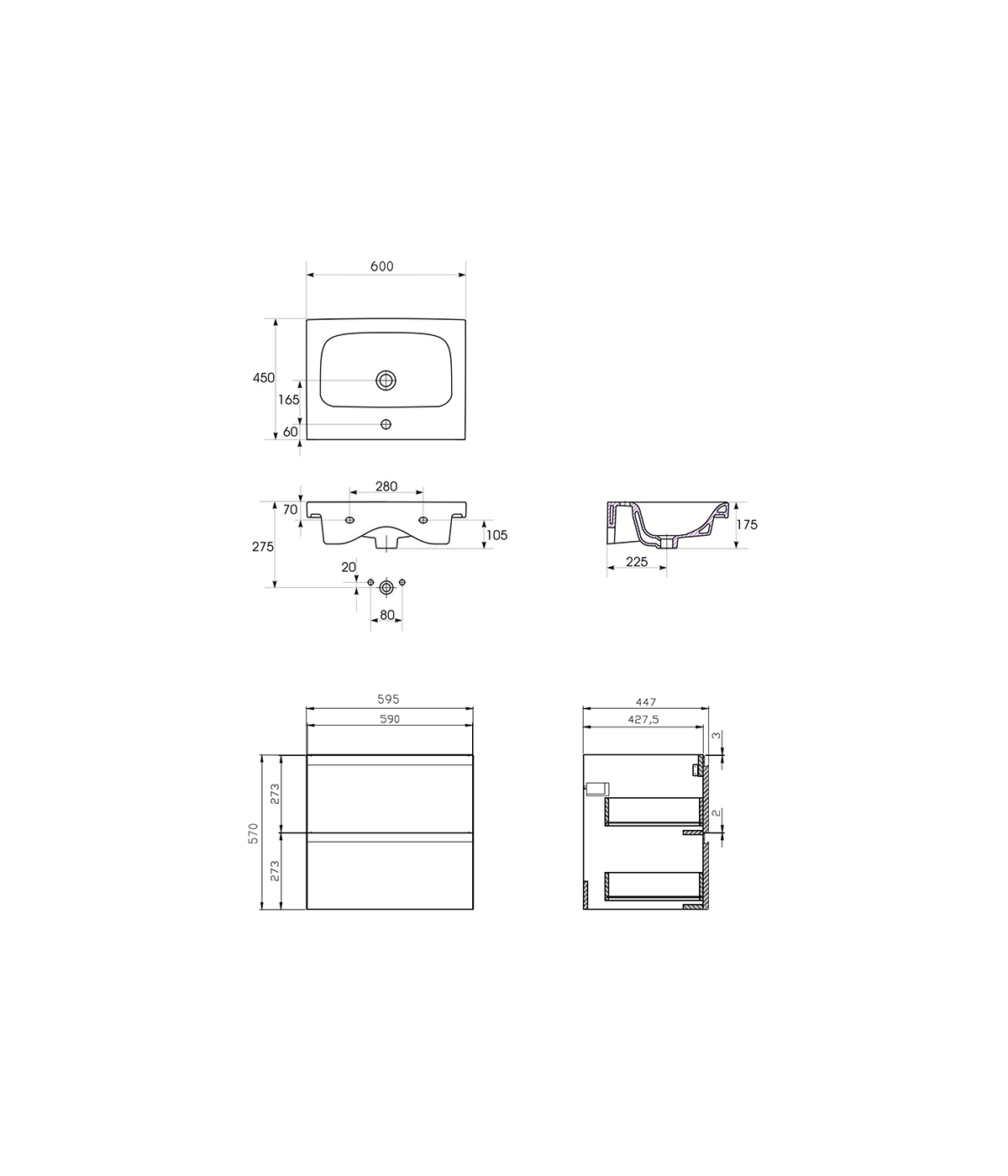 Badmöbel Set MODUO 60 Waschbecken-Unterschrank mit Waschbecken, 2-Schubladen, Weiß