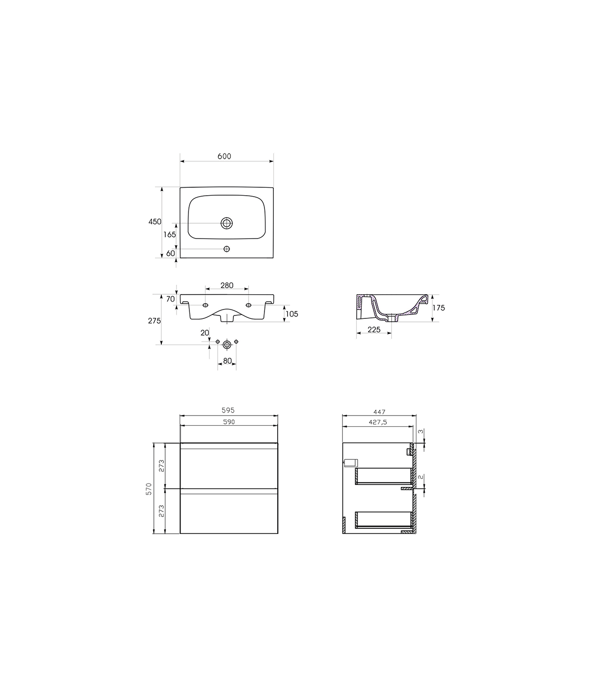 Badmöbel Set MODUO 60 Waschbecken-Unterschrank mit Waschbecken, 2-Schubladen, Grau