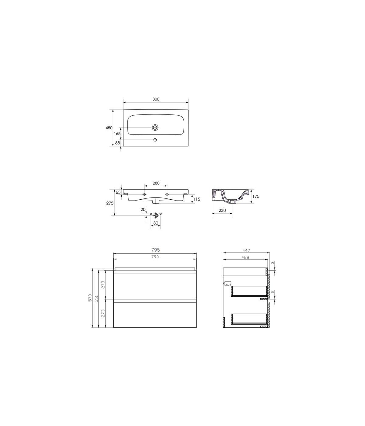 Badmöbel Set MODUO 80 Waschbecken-Unterschrank mit Waschbecken, 2-Schubladen, Grau