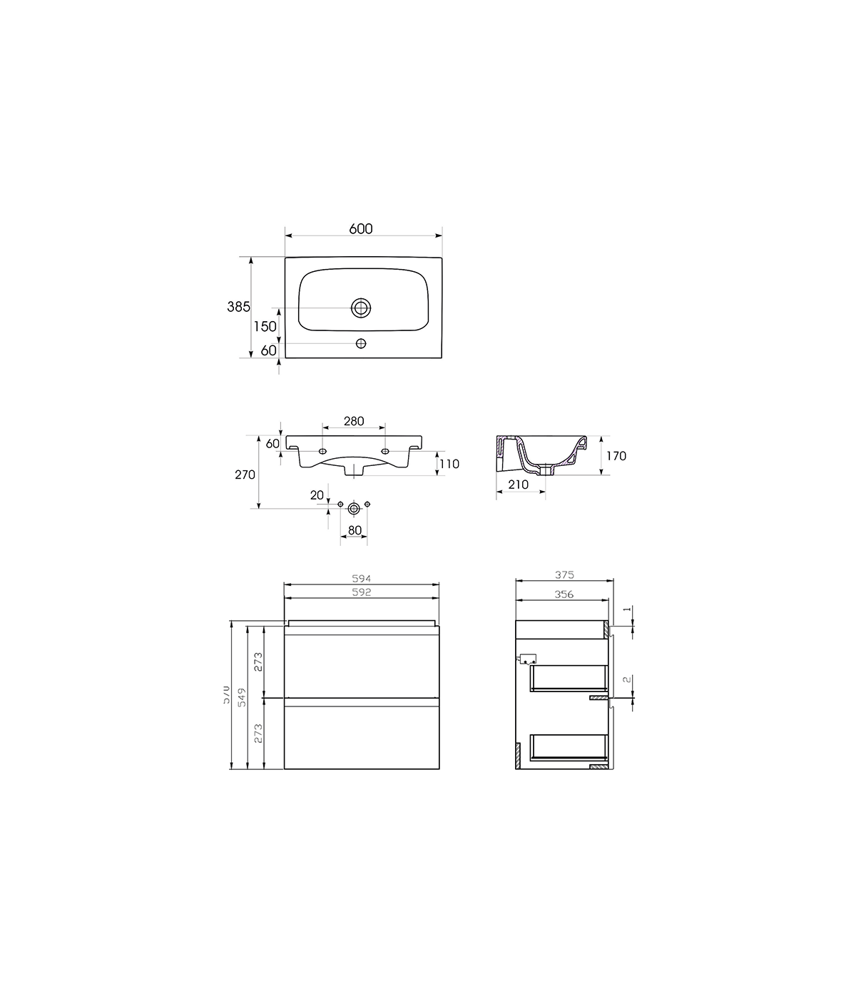 Badmöbel Set MODUO SLIM 60 Waschbecken-Unterschrank mit Waschbecken, 2-Schubladen, Grau