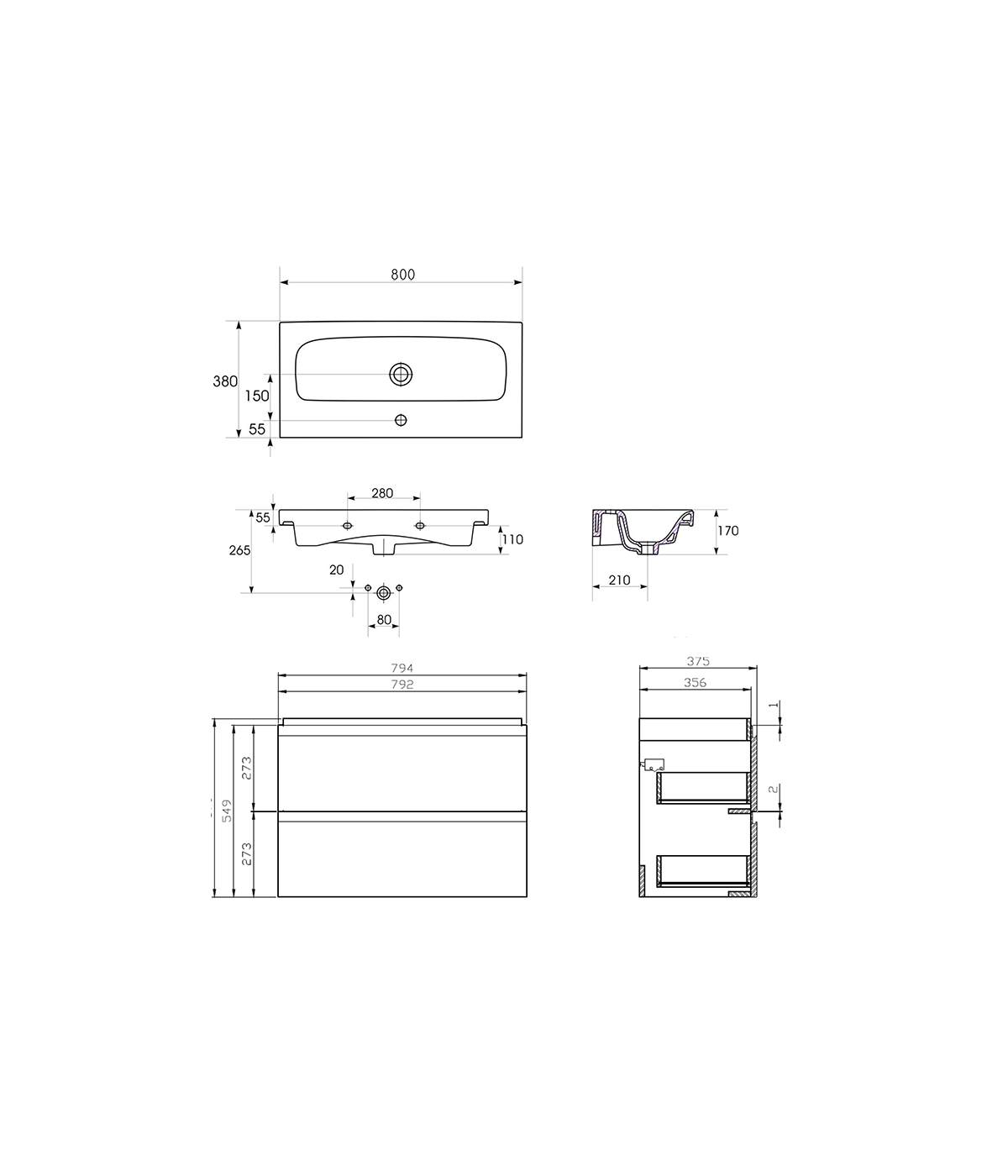 Badmöbel Set MODUO SLIM 80 Waschbecken-Unterschrank mit Waschbecken, 2-Schubladen, Grau
