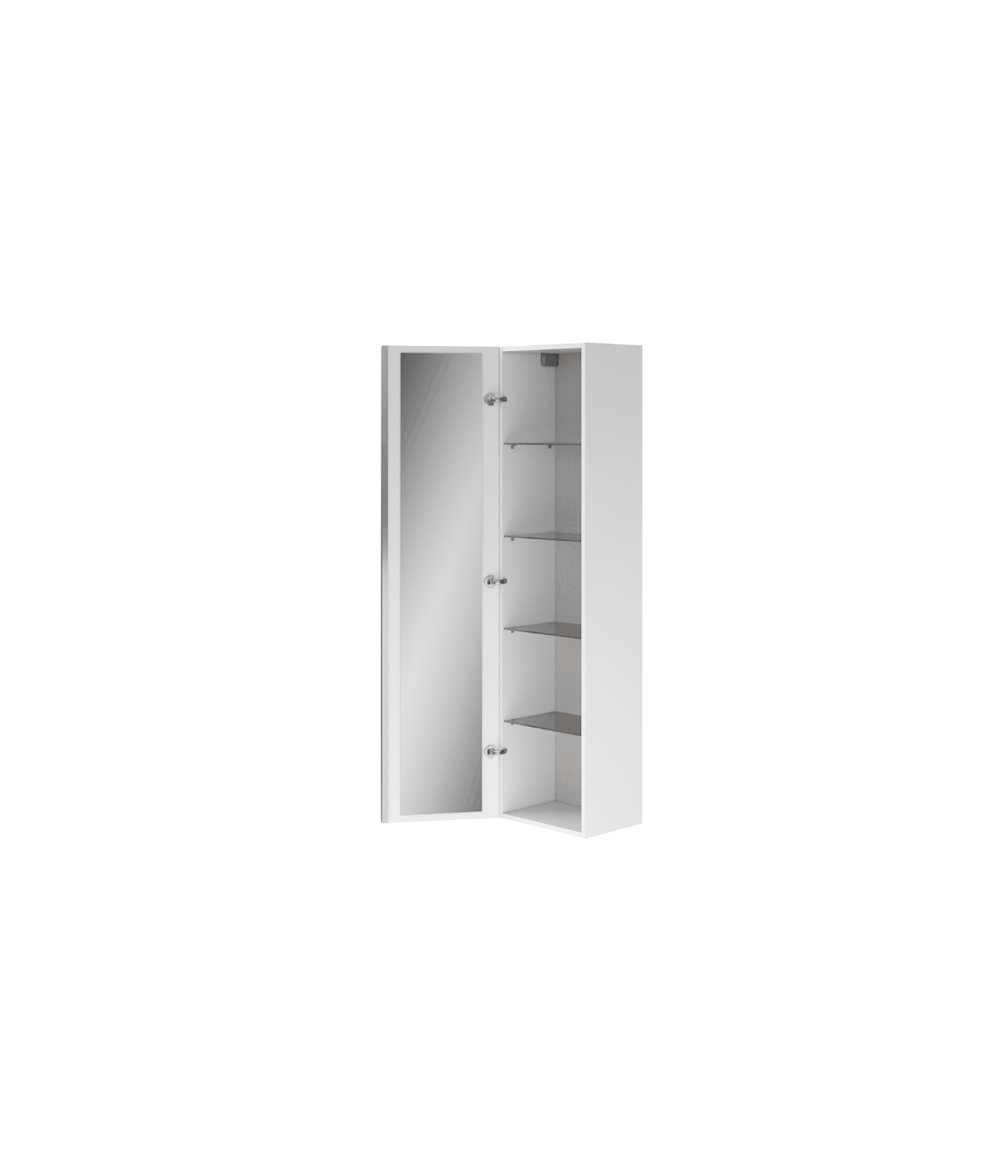 Badezimmer Hochhängeschrank VIRGO 160x40x30 Hochschrank Türen, Weiß, Silber Möbelgriffe mit Spiegel