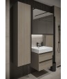 Badezimmer Hochhängeschrank VIRGO 160x40x30 Hochschrank Türen, Grau Eiche, Schwarz Möbelgriffe mit Spiegel