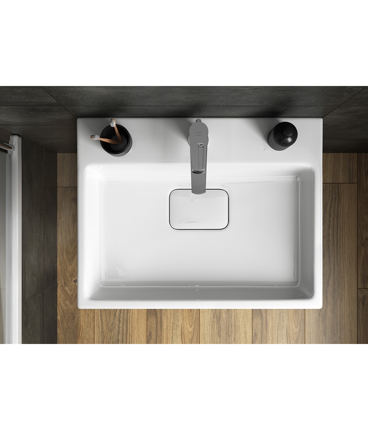 Badmöbel Set VIRGO 60 Waschbecken-Unterschrank mit Waschbecken, 2-Schubladen, Weiß, Schwarz Möbelgriffe