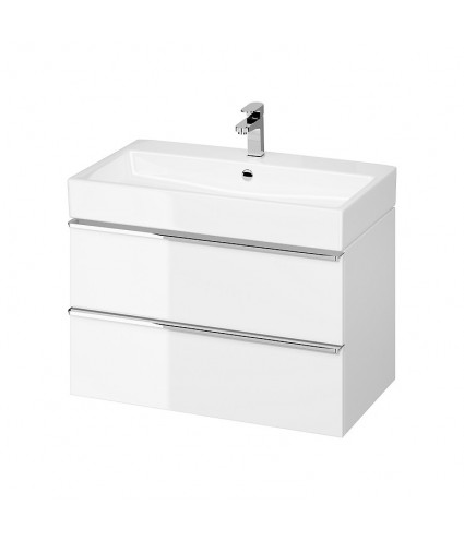 Badmöbel Set VIRGO 80 Waschbecken-Unterschrank mit Waschbecken, 2-Schubladen, Weiß, Silber Möbelgriffe