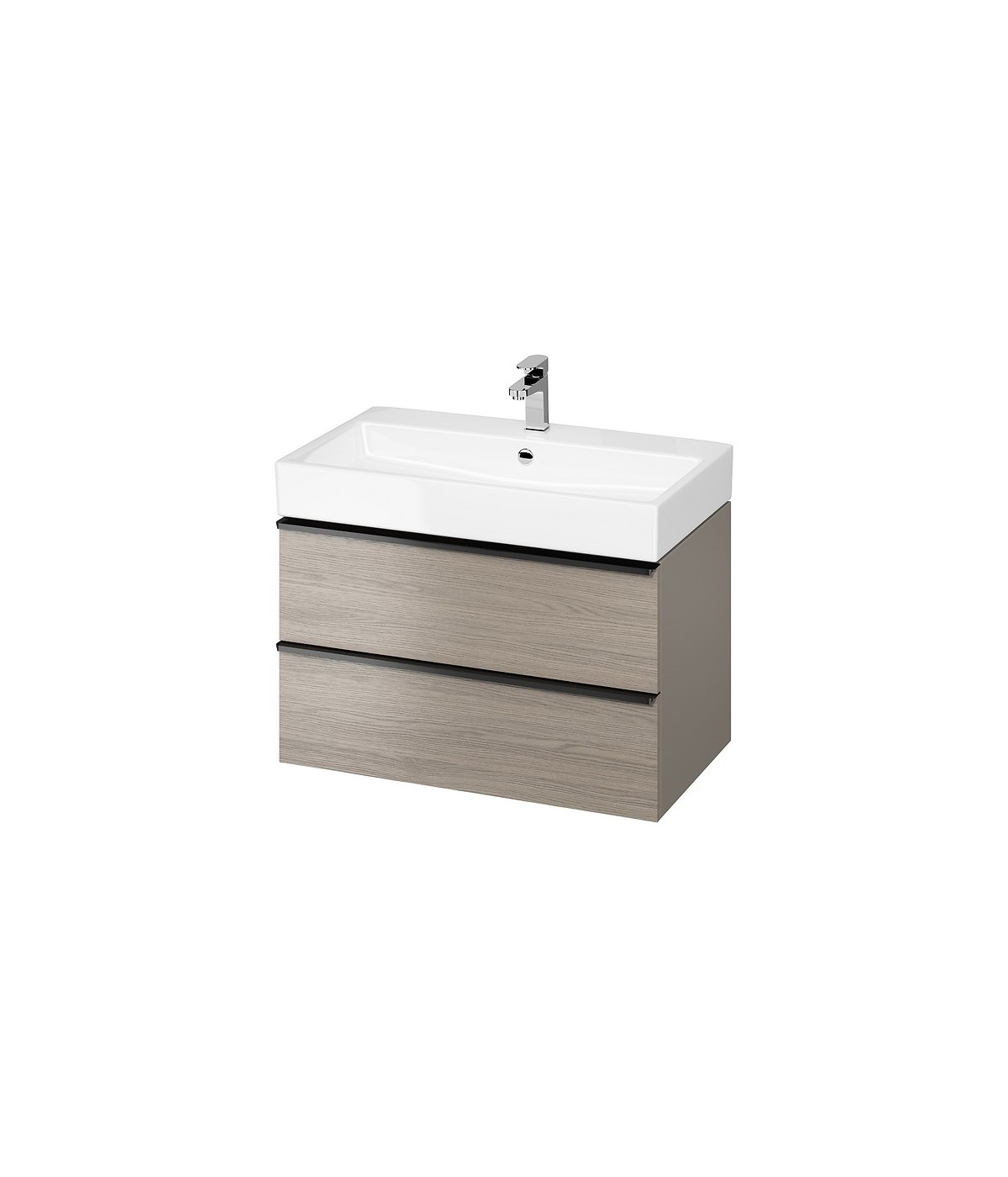 Badmöbel Set VIRGO 80 Waschbecken-Unterschrank mit Waschbecken, 2-Schubladen, Grau Eiche, Schwarz Möbelgriffe