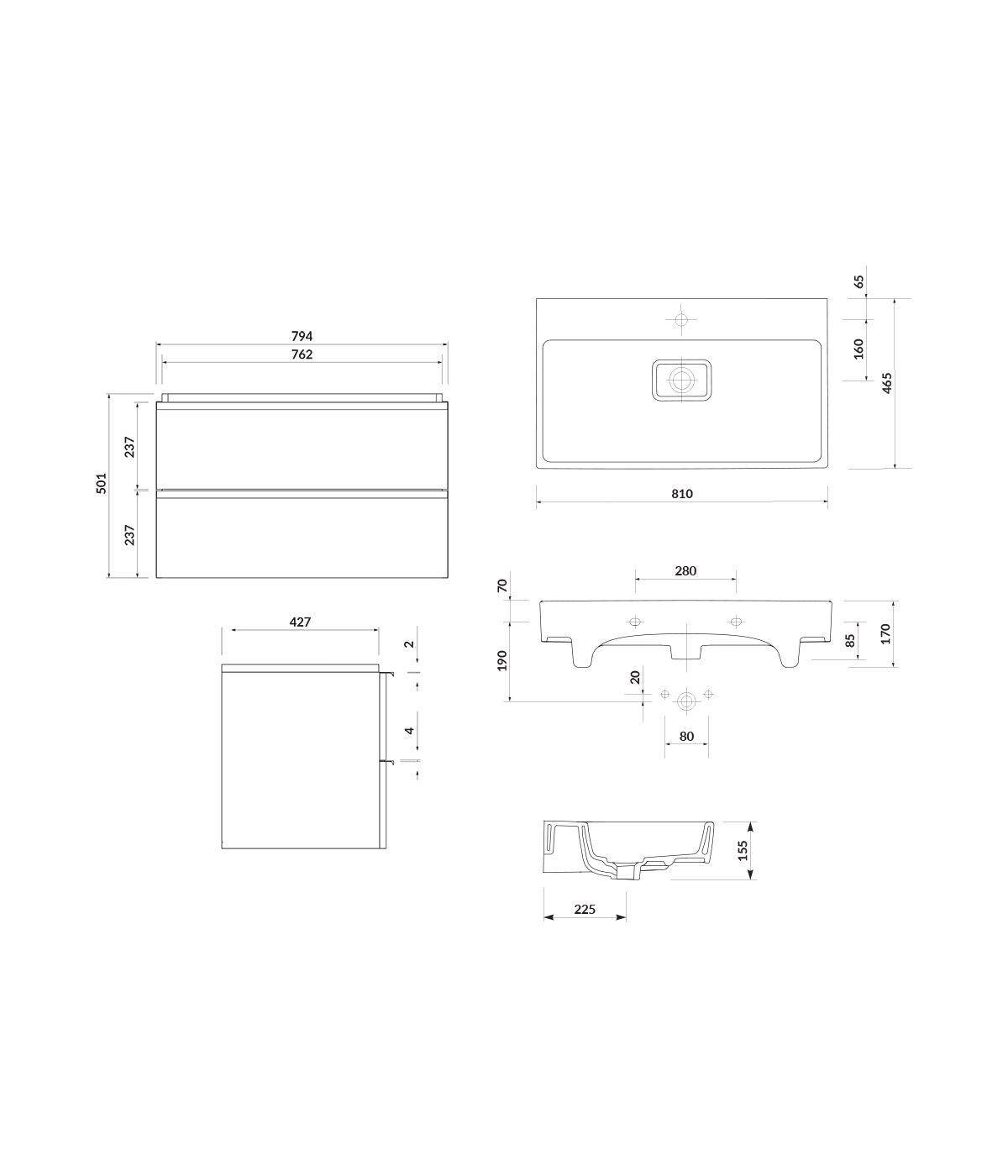 Badmöbel Set VIRGO 80 Waschbecken-Unterschrank mit Waschbecken, 2-Schubladen, Grau Eiche, Schwarz Möbelgriffe
