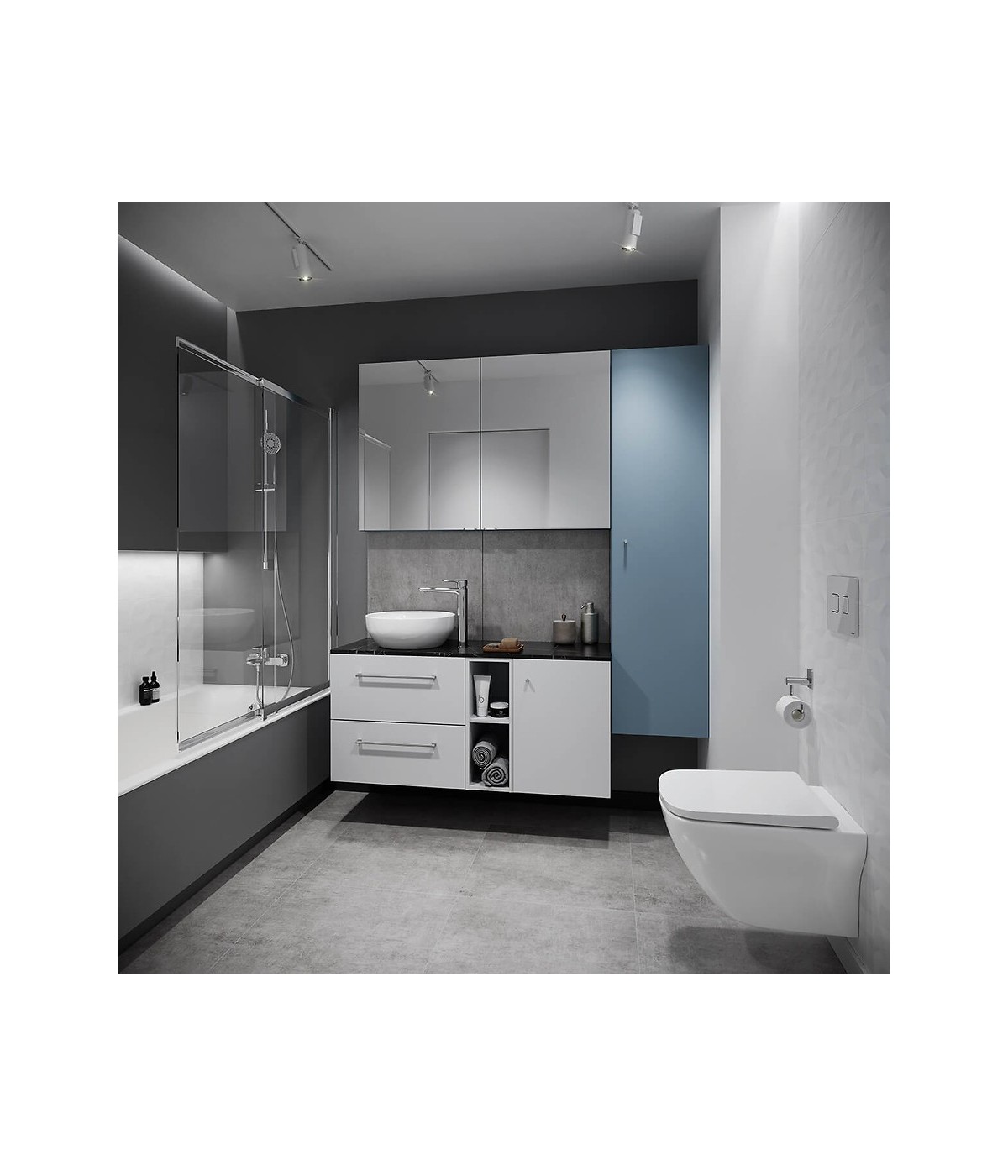 Badezimmer Hochhängeschrank LARGA 160 Hochschrank Türen, Weiß, Schwarz Möbelknopf Ø 12 mm mit Spiegel
