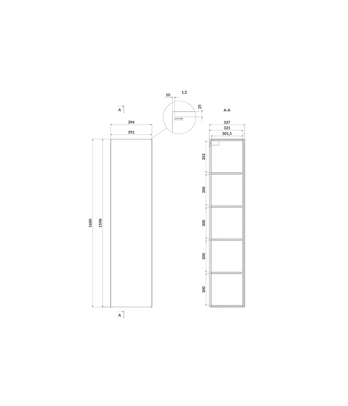 Badezimmer Hochhängeschrank LARGA 160 Hochschrank Türen, Weiß, Schwarz Möbelknopf Ø 12 mm mit Spiegel