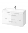 Badmöbel Set LARGA 100 Waschbecken-Unterschrank mit Waschbecken, 2-Schubladen, Weiß, 2x Schwarz Möbelgriffe