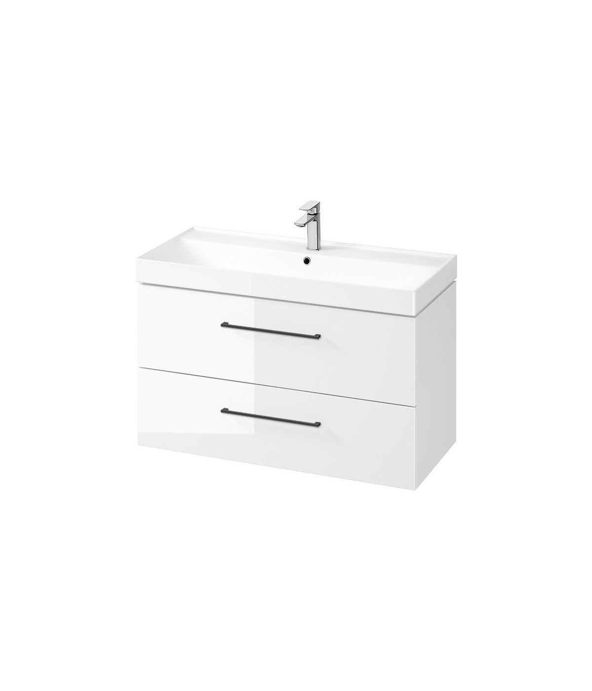 Badmöbel Set LARGA 100 Waschbecken-Unterschrank mit Waschbecken, 2-Schubladen, Weiß, 2x Schwarz Möbelgriffe