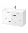 Badmöbel Set LARGA 100 Waschbecken-Unterschrank mit Waschbecken, 2-Schubladen, Weiß, 2x Golden Möbelgriffe