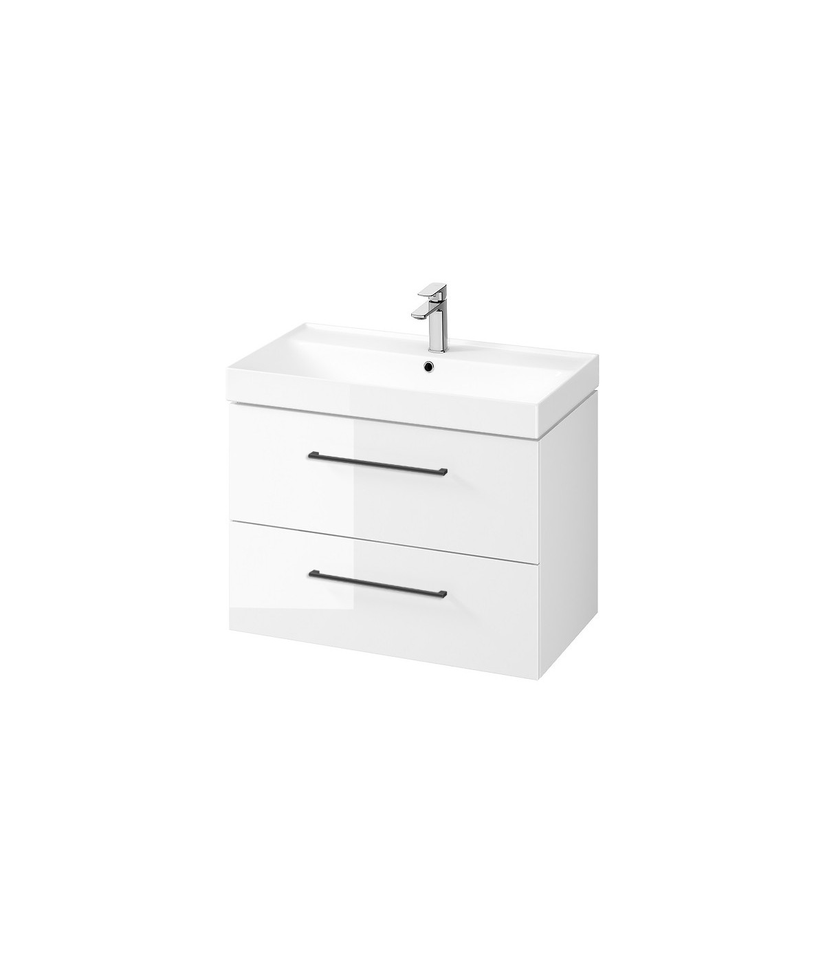 Badmöbel Set LARGA 80 Waschbecken-Unterschrank mit Waschbecken, 2-Schubladen, Weiß, 2x Schwarz Möbelgriffe