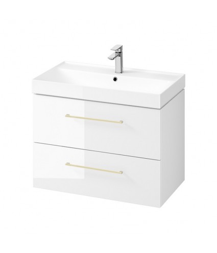 Badmöbel Set LARGA 80 Waschbecken-Unterschrank mit Waschbecken, 2-Schubladen, Weiß, 2x Golden Möbelgriffe