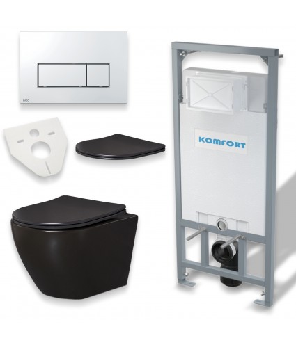 WC SET: Vorwandelement C201 + Toilette Slim Soft-Close Delos Schwarz + Schallschutzmatte + Betätigungsplatte in Chrom