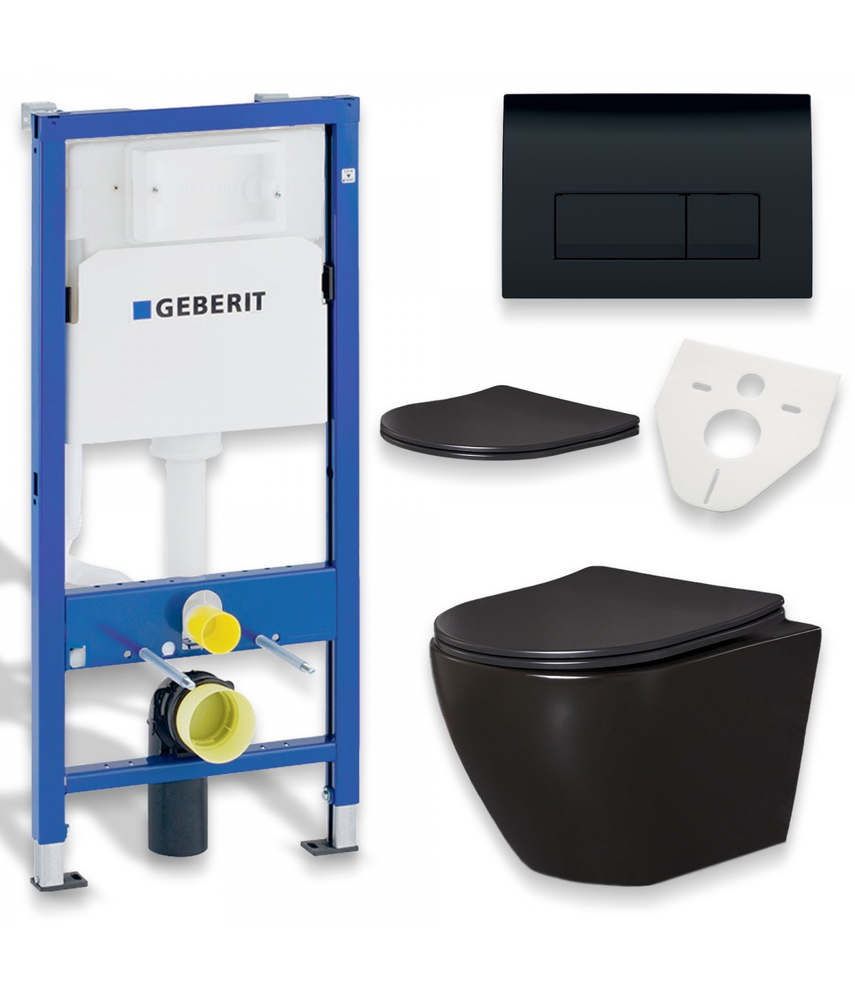 WC SET: Vorwandelement Duofix + Toilette Slim Soft-Close Delos Schwarz + Schallschutzmatte + Betätigungsplatte in Schwarz