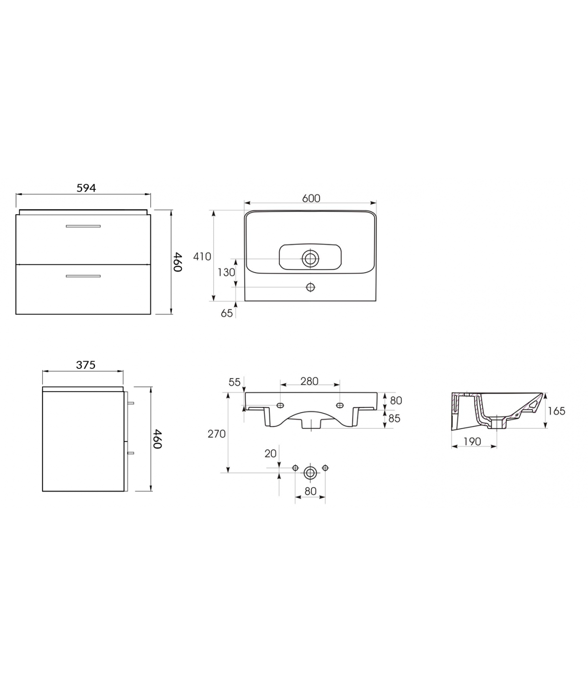 Badmöbel Set LARAZ MILLE SLIM 60 Waschbecken-Unterschrank mit Hochschrank 150 Grau