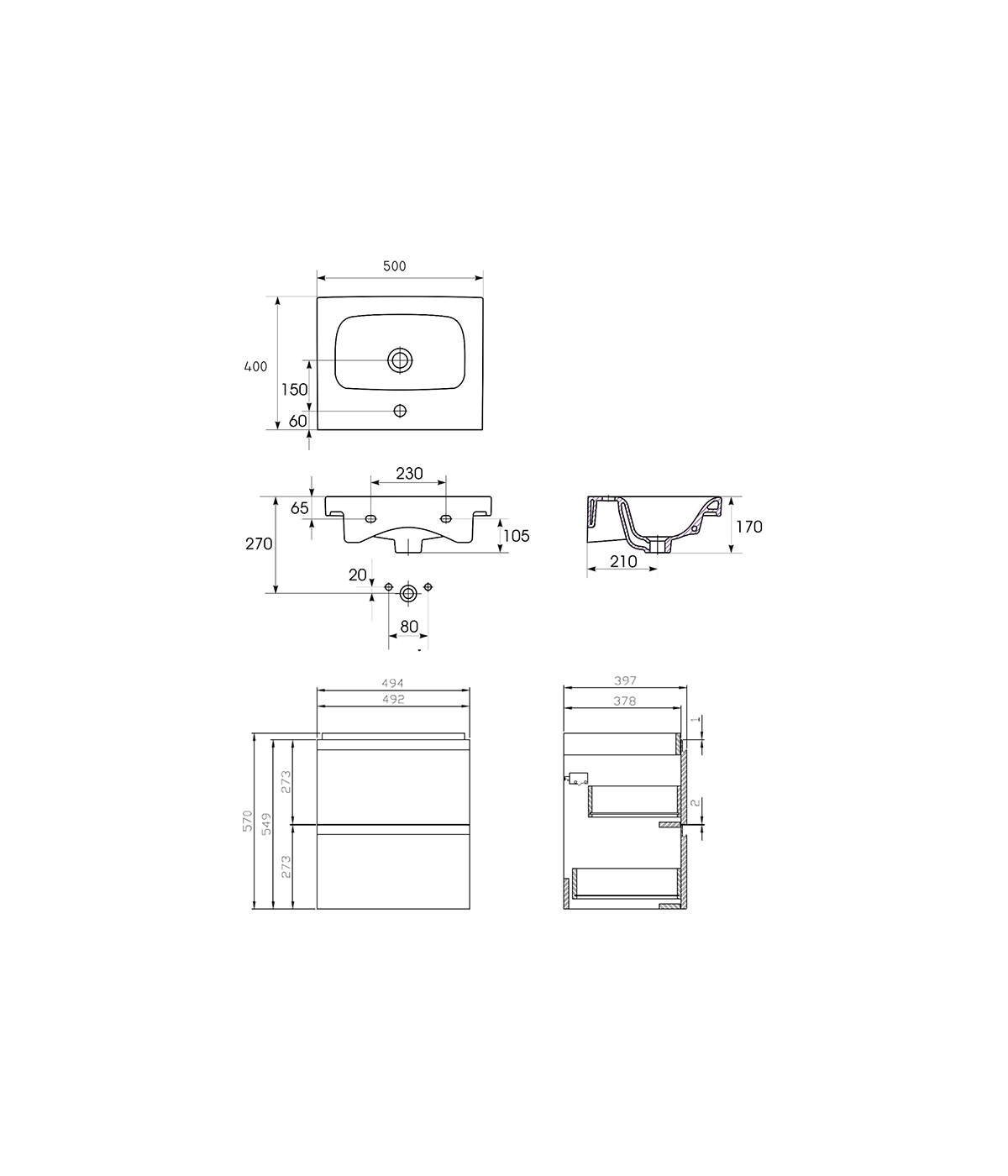 Badmöbel Set MODUO 50 Waschbecken-Unterschrank, Hochschrank 160 mit Spiegel Grau