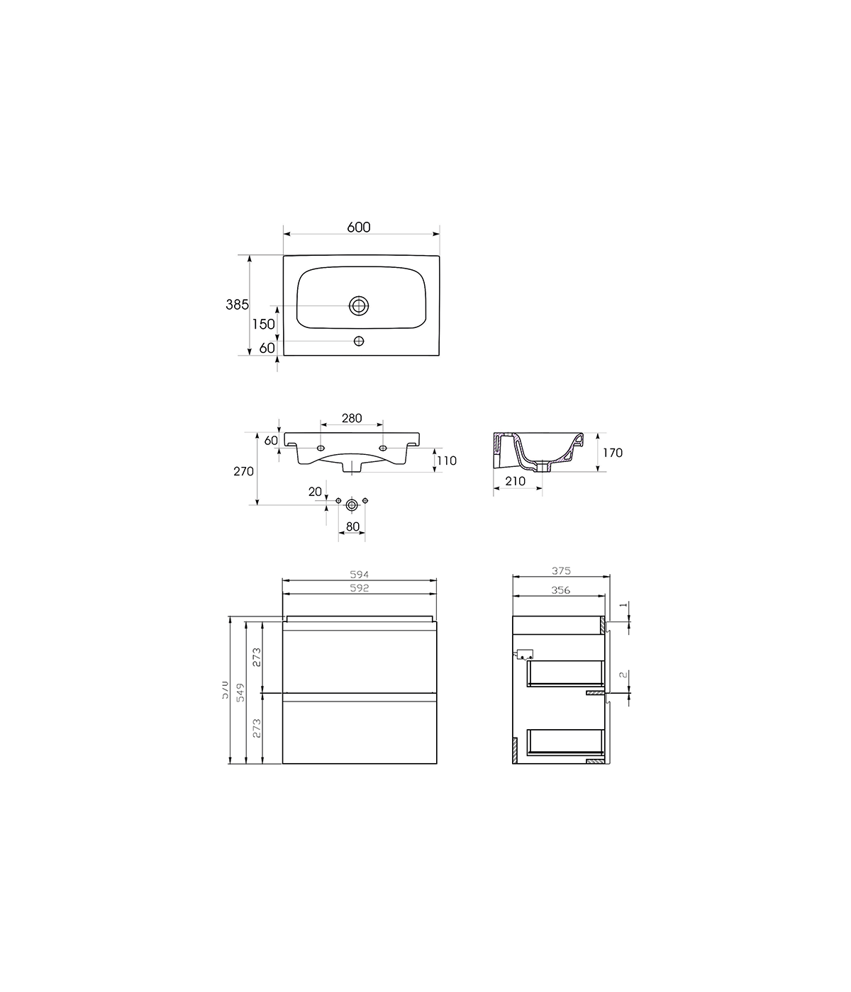 Badmöbel Set MODUO SLIM 60 Waschbecken-Unterschrank, Hochschrank 160 mit Spiegel Grau