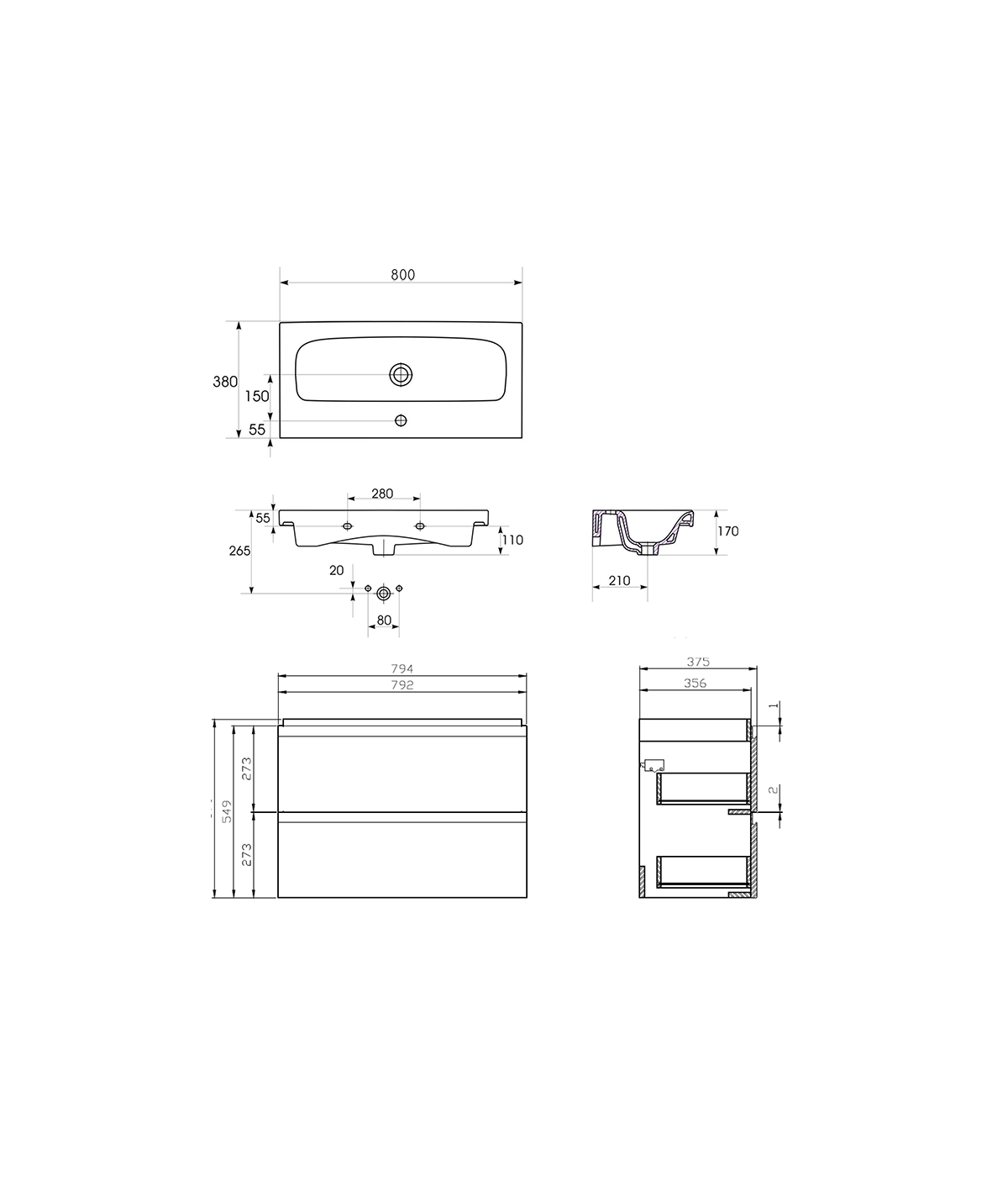 Badmöbel Set MODUO SLIM 80 Waschbecken-Unterschrank, Hochschrank 160 mit Spiegel Grau