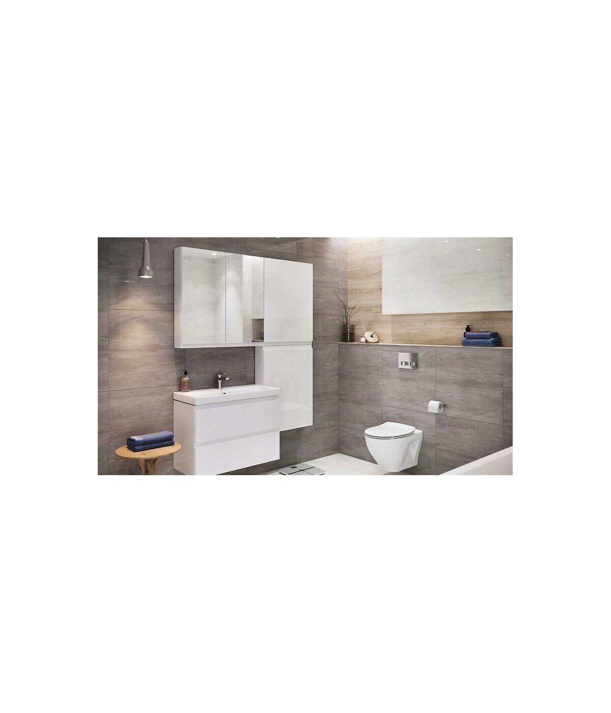 Badmöbel Set MODUO 80 Waschbecken-Unterschrank, Hochschrank 160 mit Spiegel Weiß