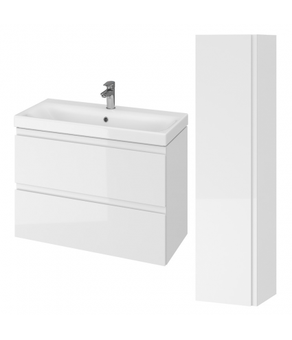 Badmöbel Set MODUO SLIM 80 Waschbecken-Unterschrank, Hochschrank 160 mit Spiegel Weiß
