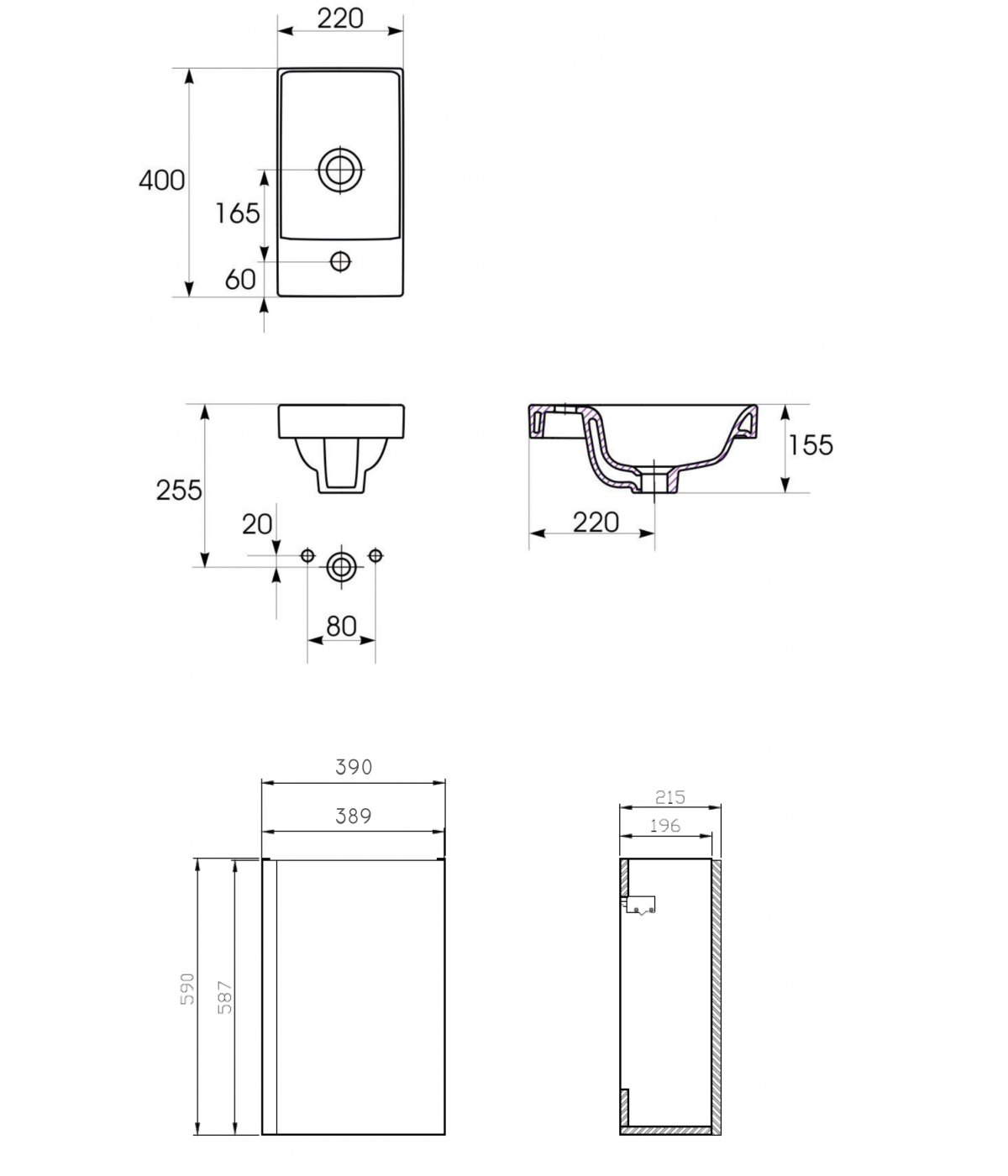 Badmöbel Set MODUO 40 Waschbecken-Unterschrank, Hochschrank 160 mit Spiegel Weiß
