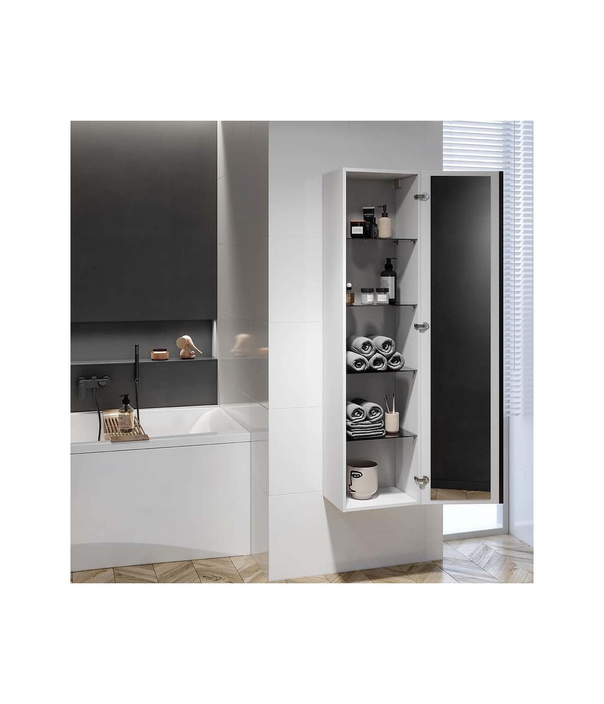 Badmöbel Set VIRGO 60 Waschbecken-Unterschrank, Hochschrank 160 mit Spiegel Grau Eiche, Schwarz Möbelgriffe