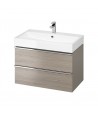 Badmöbel Set VIRGO 80 Waschbecken-Unterschrank, Hochschrank 160 mit Spiegel Grau Eiche, Silber Möbelgriffe