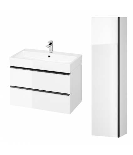Badmöbel Set VIRGO 80 Waschbecken-Unterschrank, Hochschrank 160 mit Spiegel Weiß, Schwarz Möbelgriffe