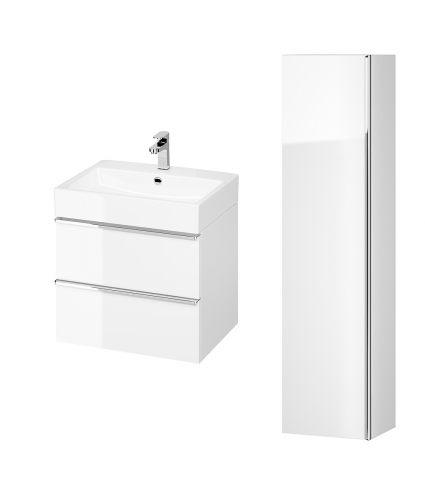 Badmöbel Set VIRGO 60 Waschbecken-Unterschrank, Hochschrank 160 mit Spiegel Weiß, Silber Möbelgriffe