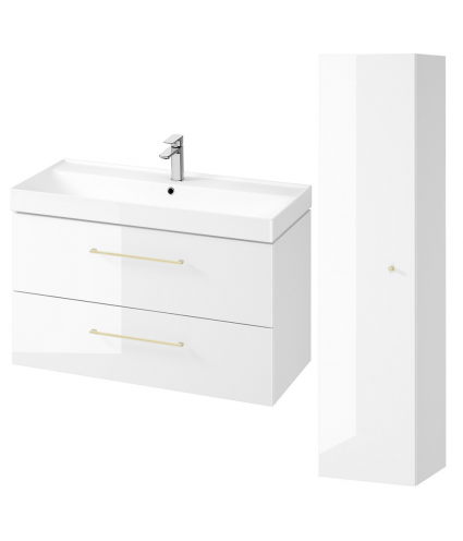 Badmöbel Set LARGA 100 Waschbecken-Unterschrank, Hochschrank 160 mit Spiegel Weiß, Golden Möbelgriffe