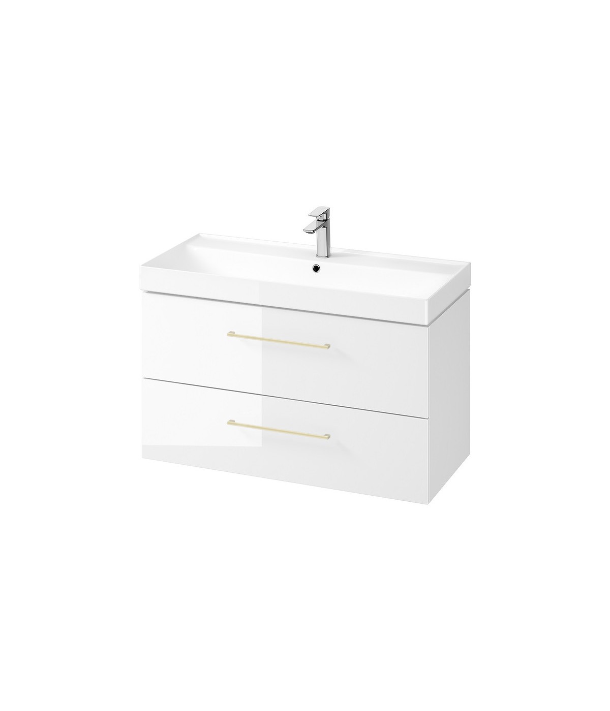 Badmöbel Set LARGA 100 Waschbecken-Unterschrank, Hochschrank 160 mit Spiegel Weiß, Golden Möbelgriffe