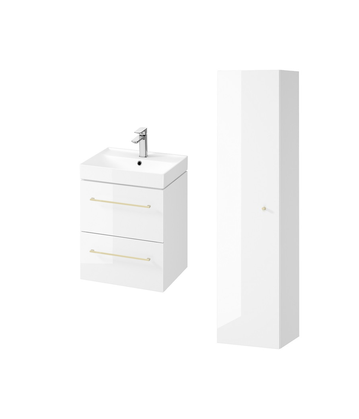 Badmöbel Set LARGA 50 Waschbecken-Unterschrank, Hochschrank 160 mit Spiegel Weiß, Golden Möbelgriffe