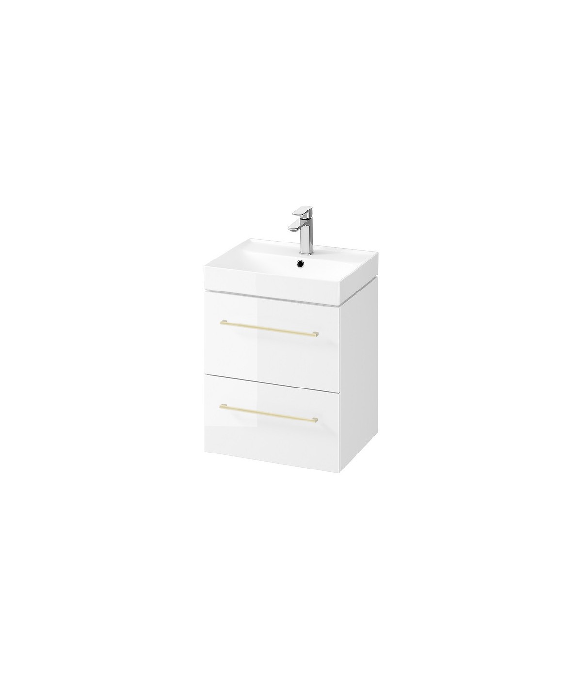 Badmöbel Set LARGA 50 Waschbecken-Unterschrank, Hochschrank 160 mit Spiegel Weiß, Golden Möbelgriffe