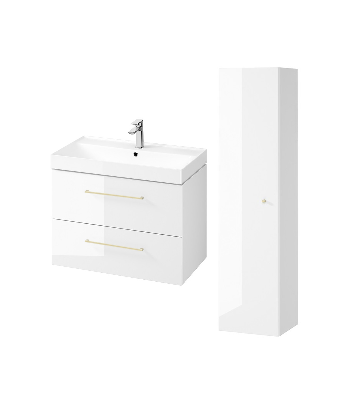 Badmöbel Set LARGA 80 Waschbecken-Unterschrank, Hochschrank 160 mit Spiegel Weiß, Golden Möbelgriffe