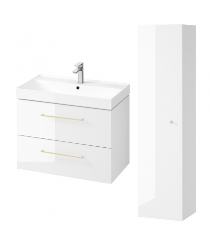 Badmöbel Set LARGA 80 Waschbecken-Unterschrank, Hochschrank 160 mit Spiegel Weiß, Golden Möbelgriffe