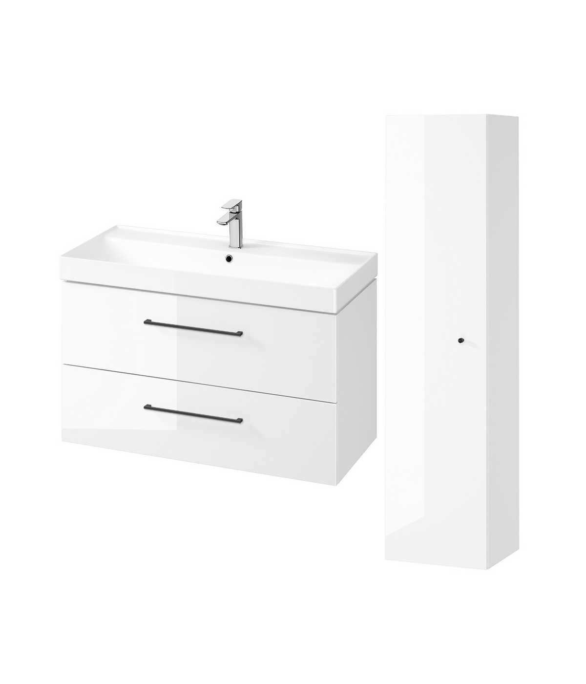 Badmöbel Set LARGA 100 Waschbecken-Unterschrank, Hochschrank 160 mit Spiegel Weiß, Schwarz Möbelgriffe