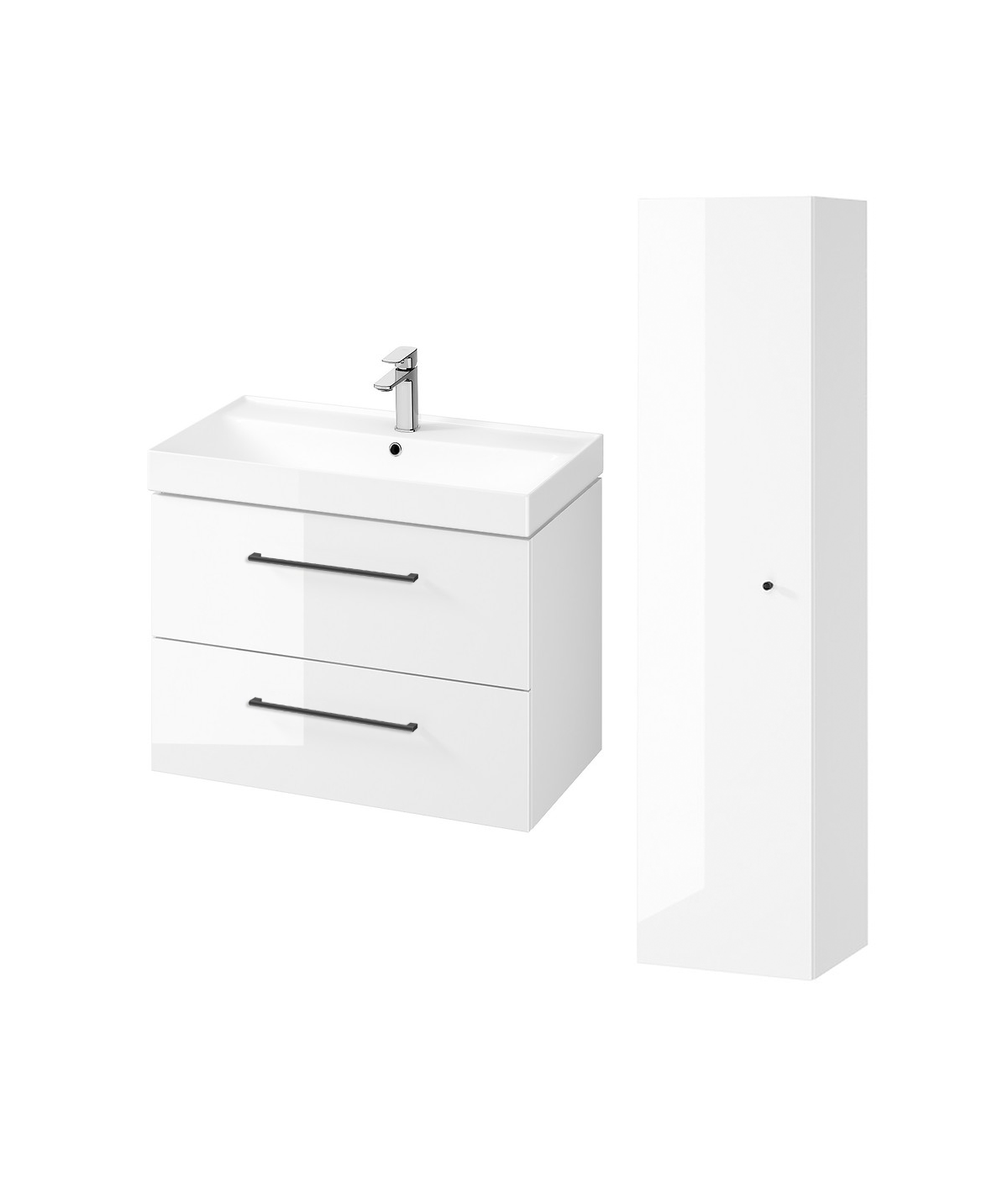 Badmöbel Set LARGA 80 Waschbecken-Unterschrank, Hochschrank 160 mit Spiegel Weiß, Schwarz Möbelgriffe