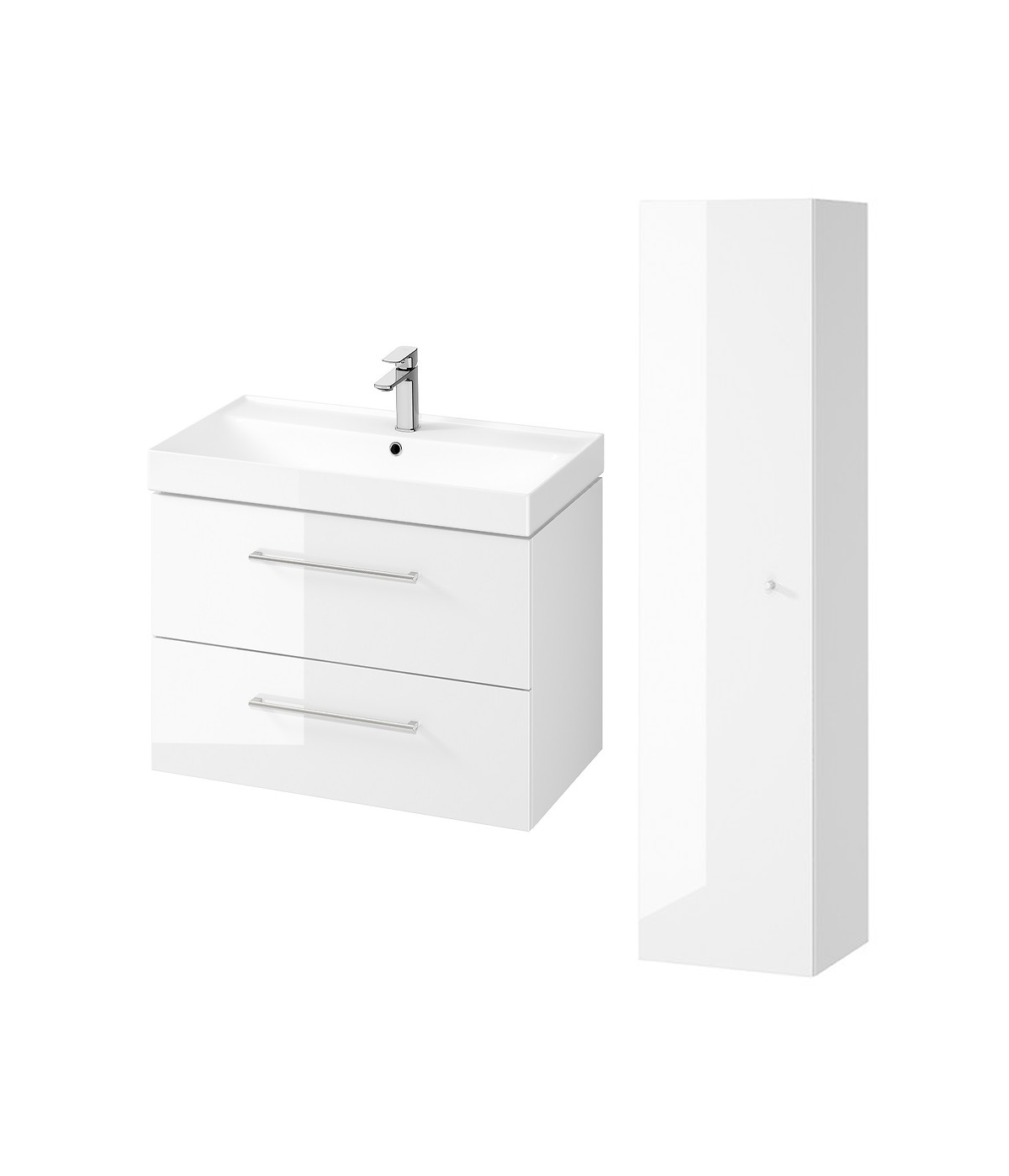 Badmöbel Set LARGA 80 Waschbecken-Unterschrank, Hochschrank 160 mit Spiegel Weiß, Silber Möbelgriffe