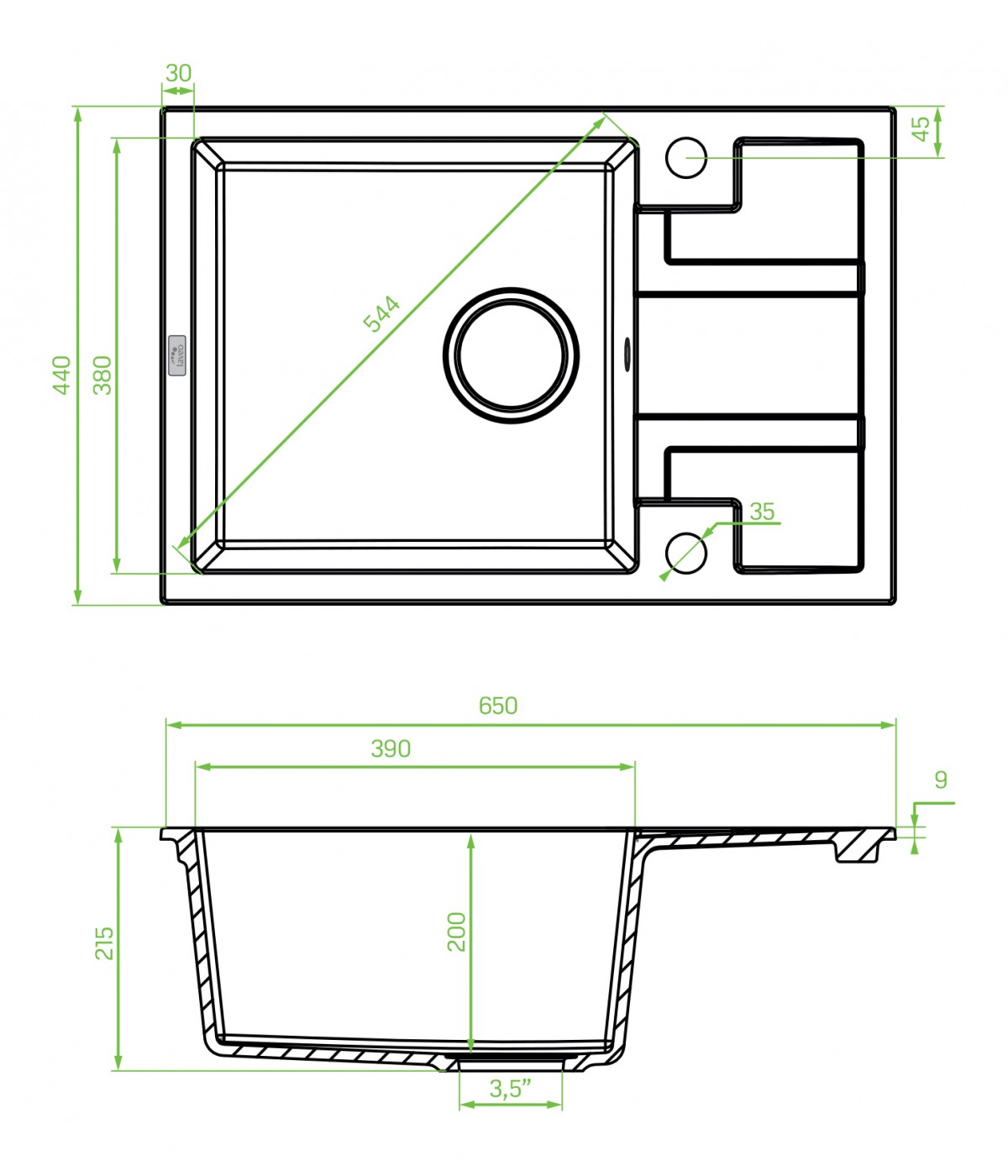 SET Küchenarmatur & Granitspüle 1-Becken BARBADOS Beige 44x65 mit kurzer Abtropffläche | inkl. Siphon!