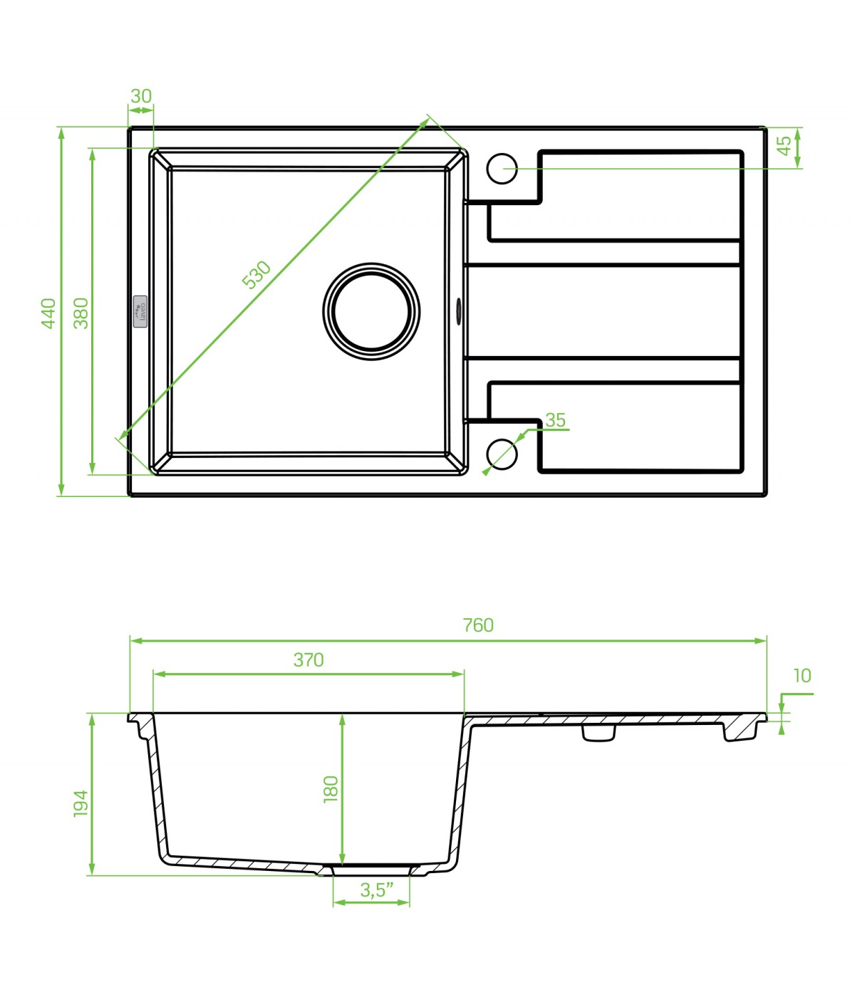 SET Küchenarmatur & Granitspüle 1-Becken BARBADOS Beige 44x76 mit Abtropffläche | inkl. Siphon!