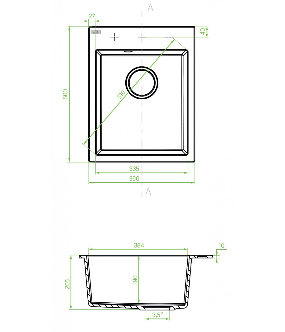 Granitspüle 1-Becken MONCHICHI Schwarz 50x39 | inkl. Siphon!