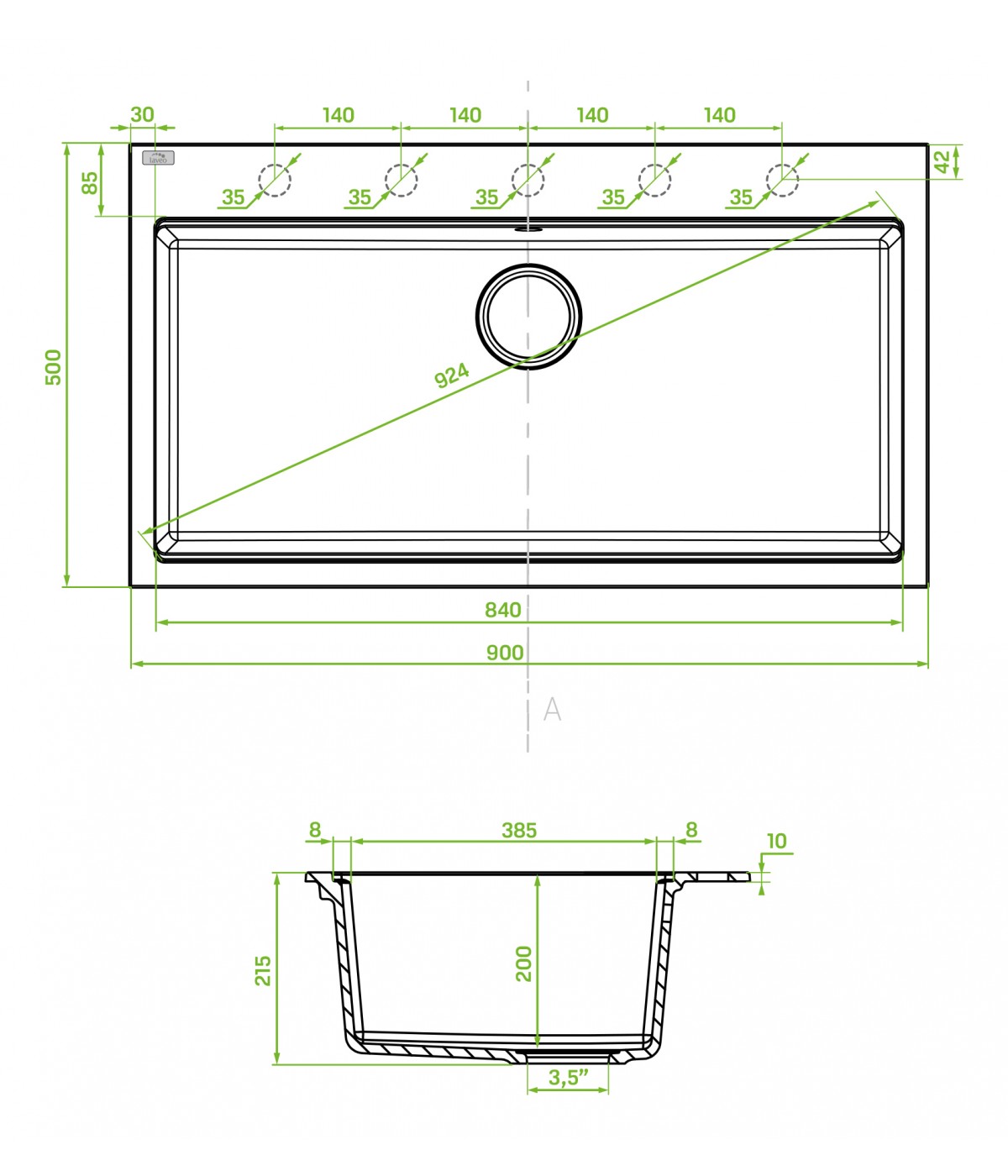 Granitspüle 1-Becken TAU Schwarz 50x90 | inkl. Siphon!