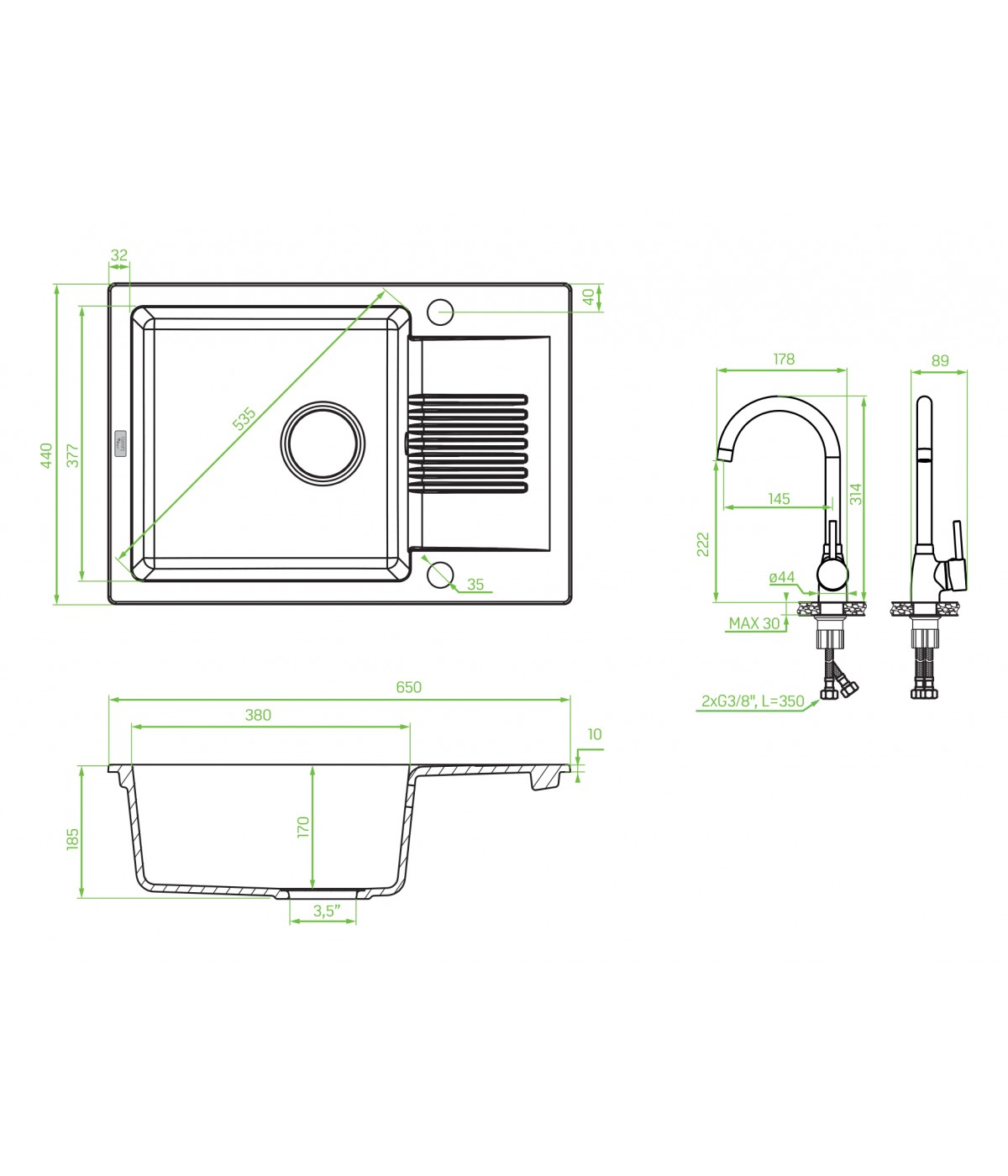 SET Küchenarmatur & Granitspüle 1-Becken CELIA Grau 44x65 mit kurzer Abtropffläche | inkl. Siphon!