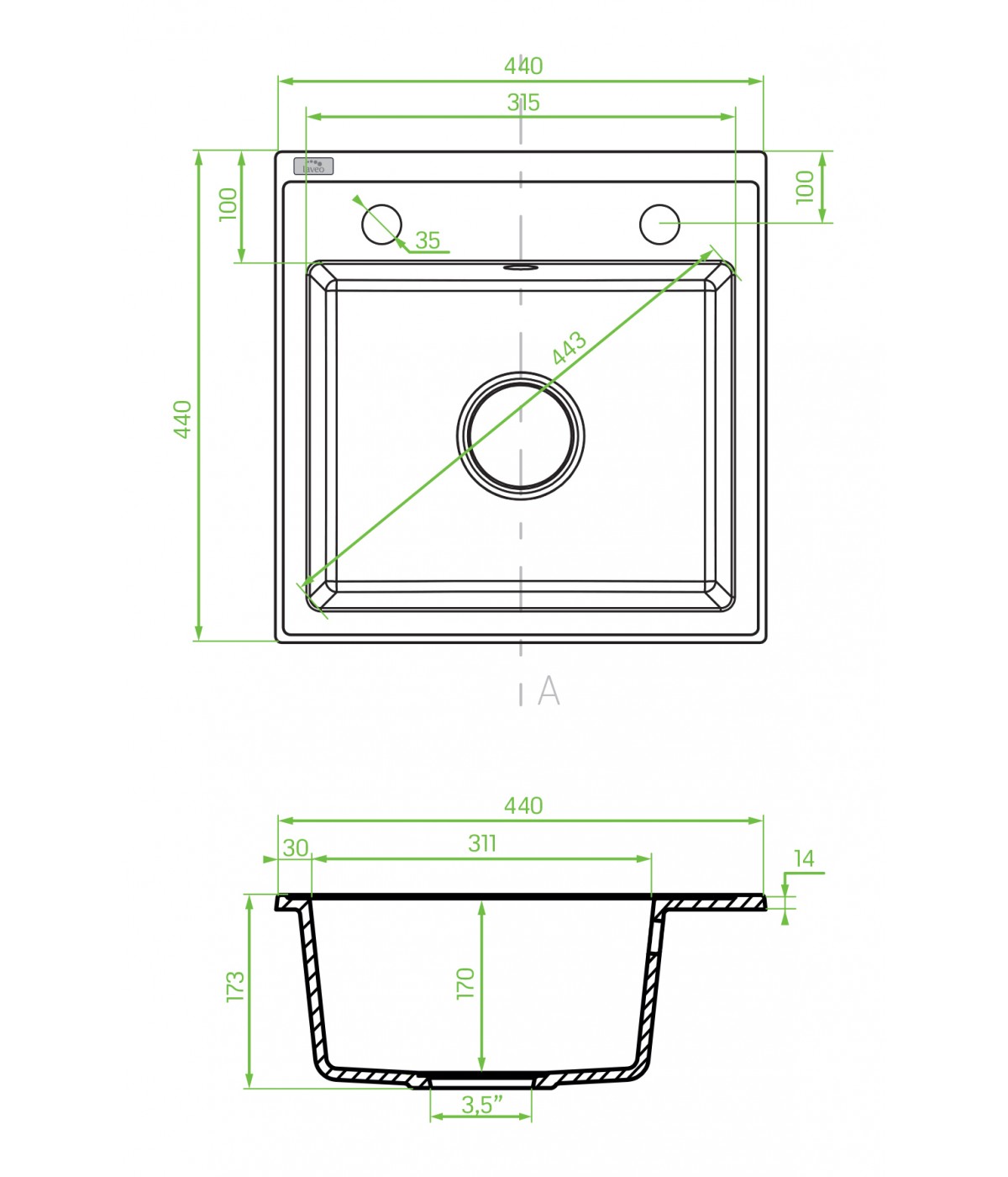 Granitspüle 1-Becken T.III Beige 44x44 | inkl. Siphon!