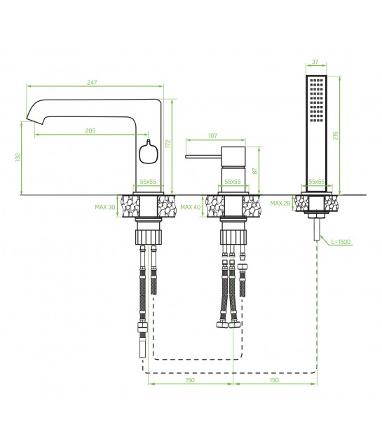 Badewannenarmatur 3-Loch POLLA Schwarz Badarmatur Wannenbatterie