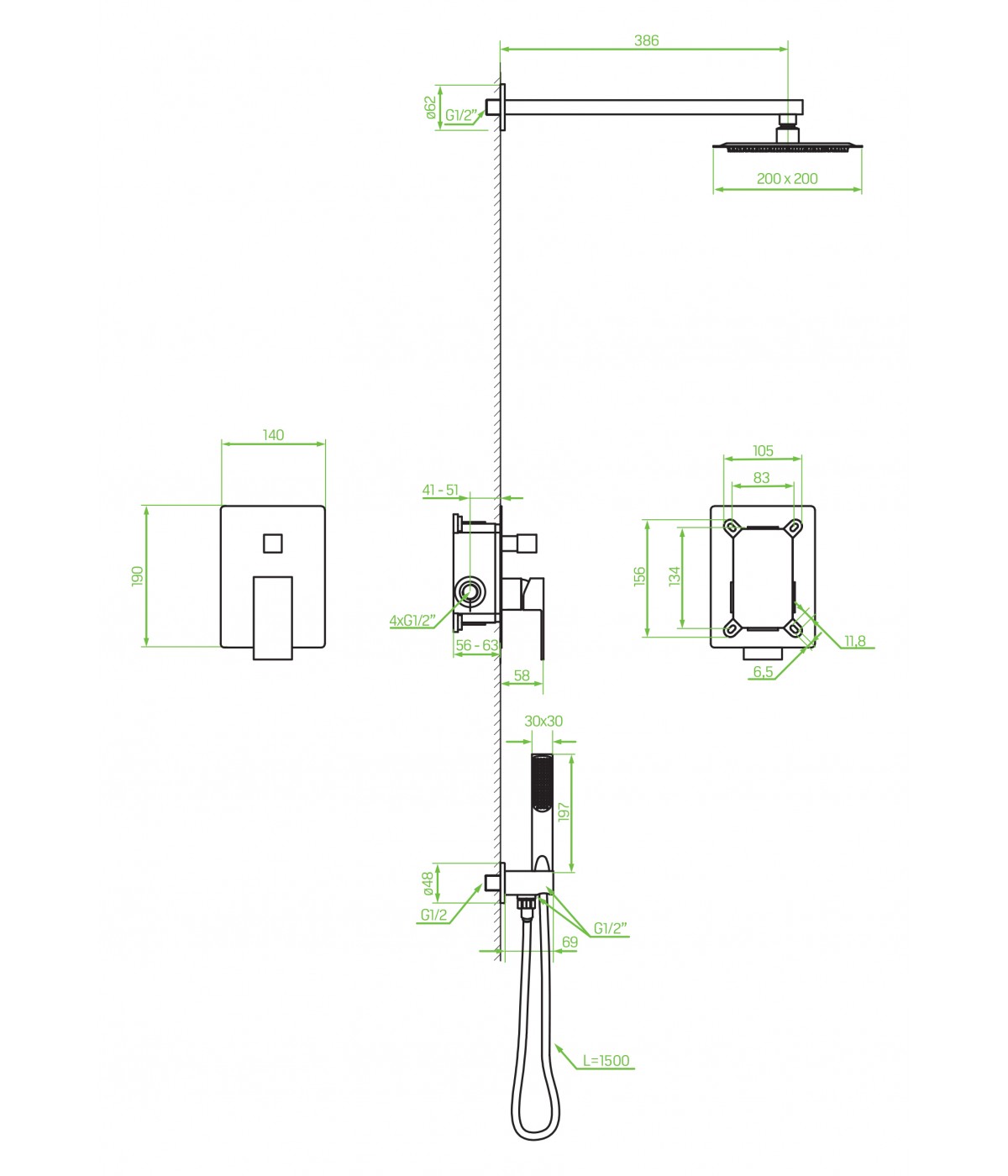 Duschsystem Unterputz Armatur Set KVADRATO Schwarz