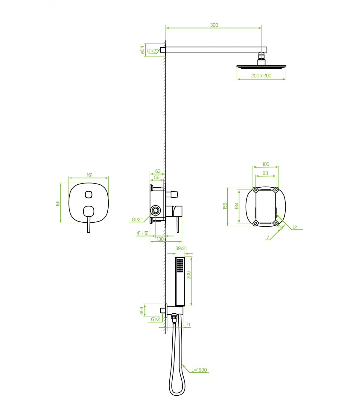 Duschsystem Unterputz Armatur Set POLLA Schwarz