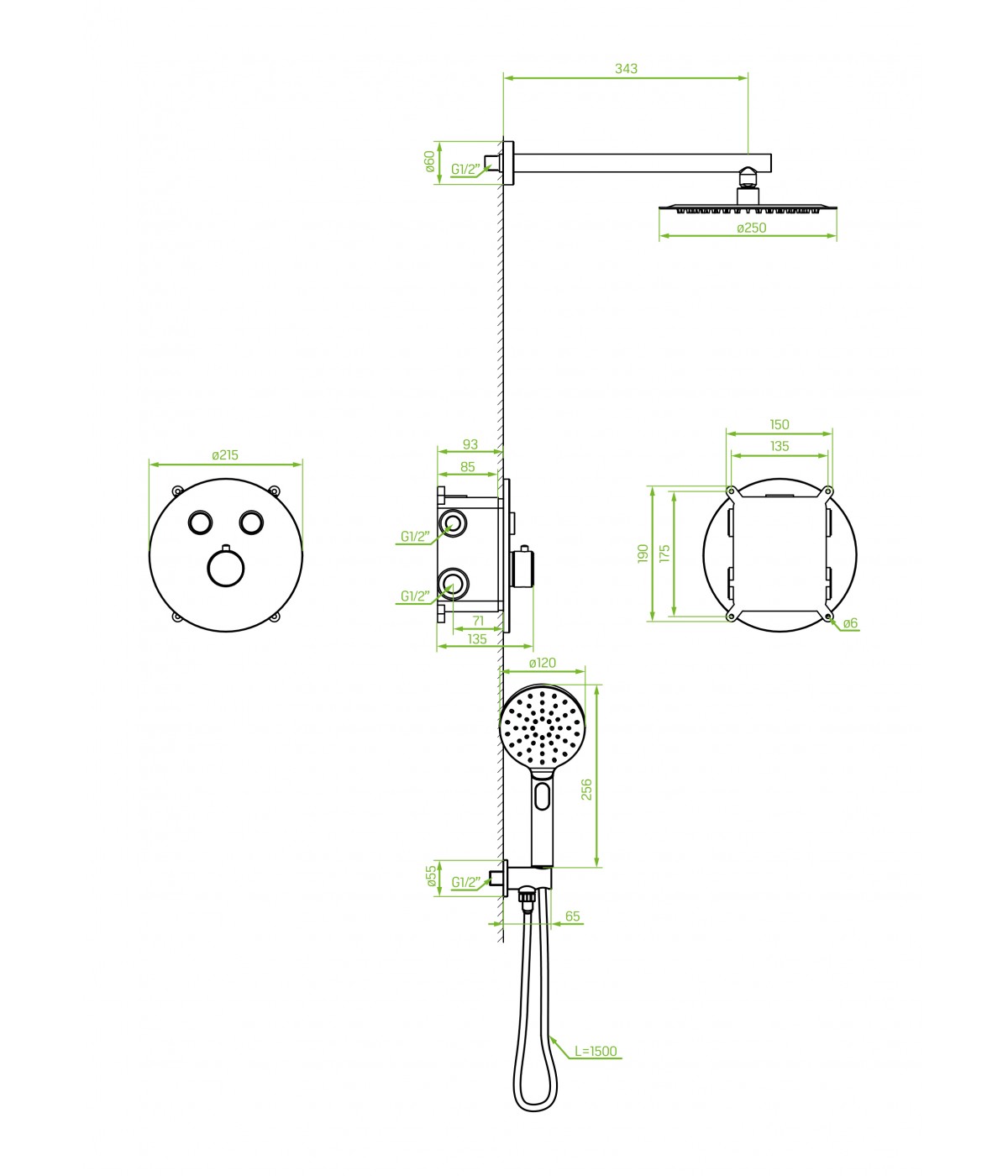 Duschsystem Unterputz Armatur Set VOLUMO Thermostatisch Silber